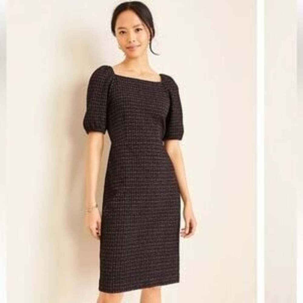 Ann Taylor Petite Tweed Square Neck Puff Sleeve Sheath Dress Size 12P